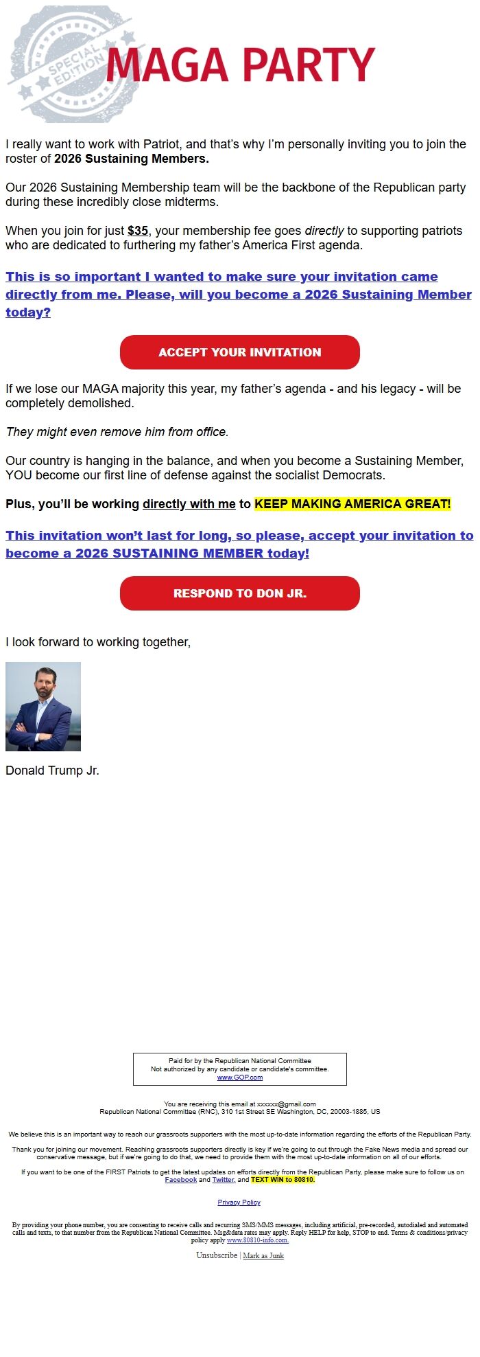 Screenshot of the email generated on import