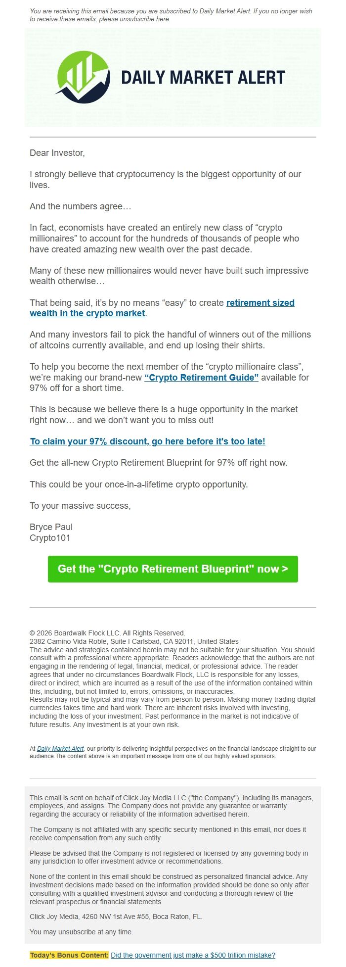 Screenshot of the email generated on import