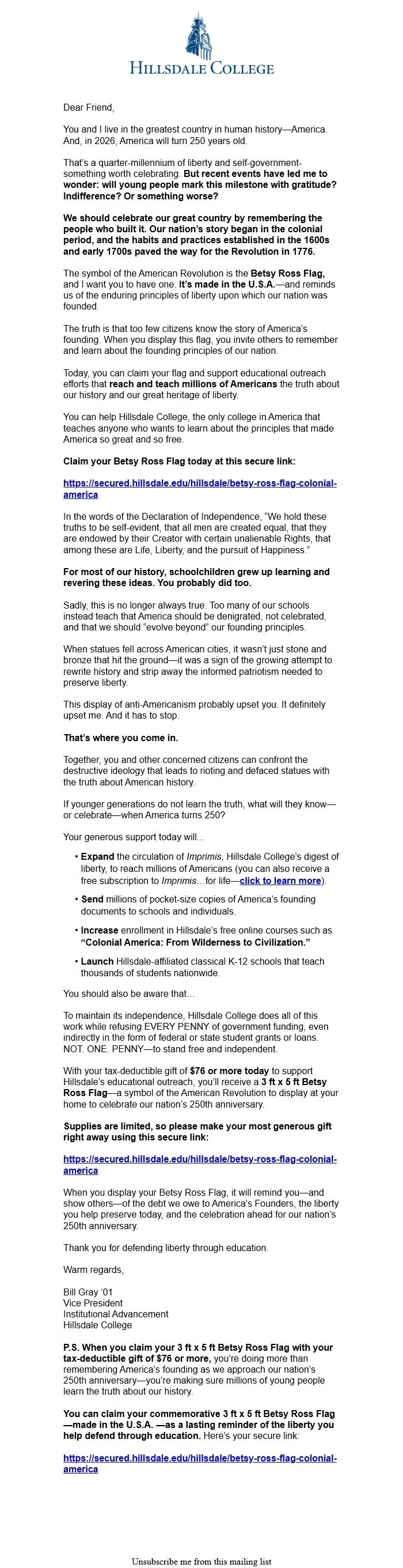 Screenshot of the email generated on import