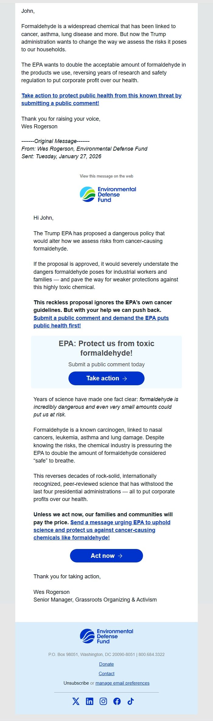 Screenshot of the email generated on import