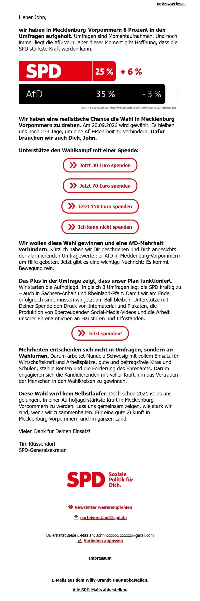 Screenshot of the email generated on import