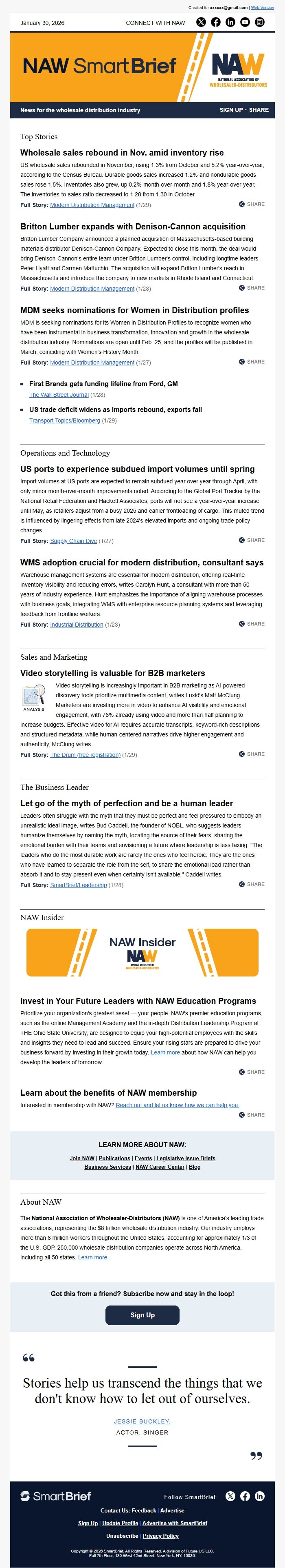 Screenshot of the email generated on import