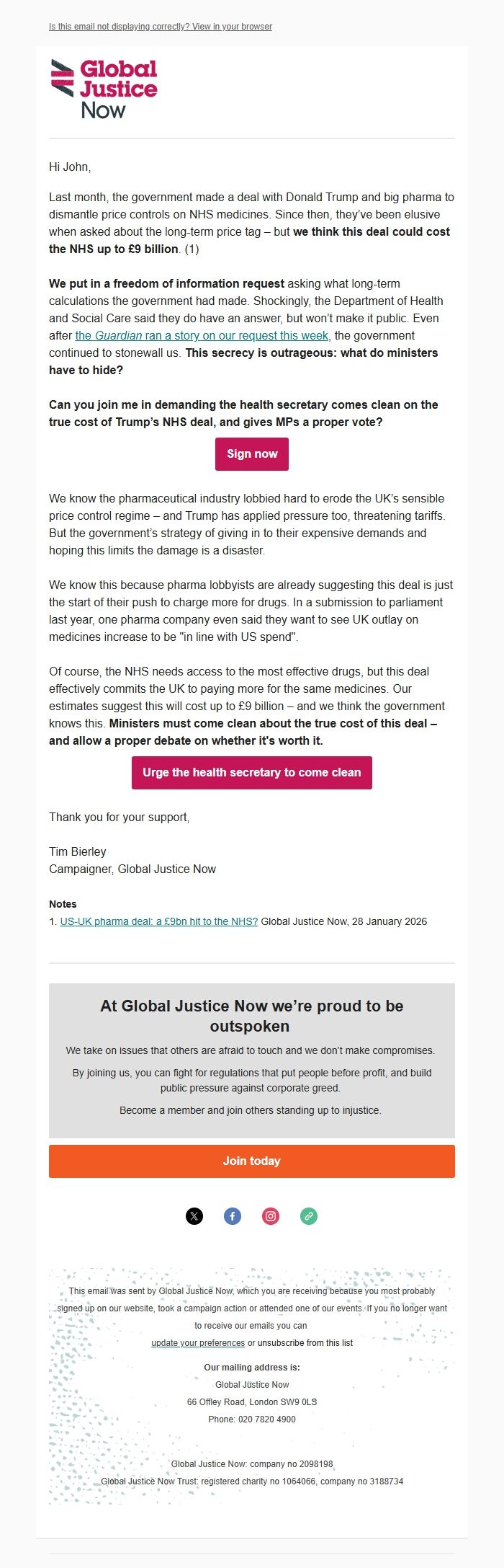 Screenshot of the email generated on import