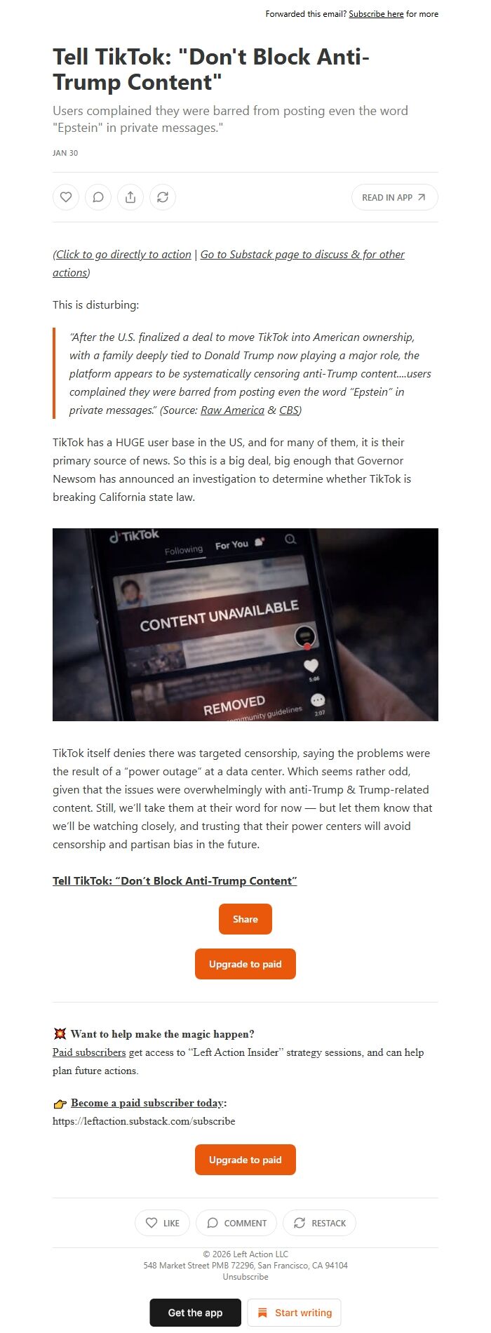 Screenshot of the email generated on import