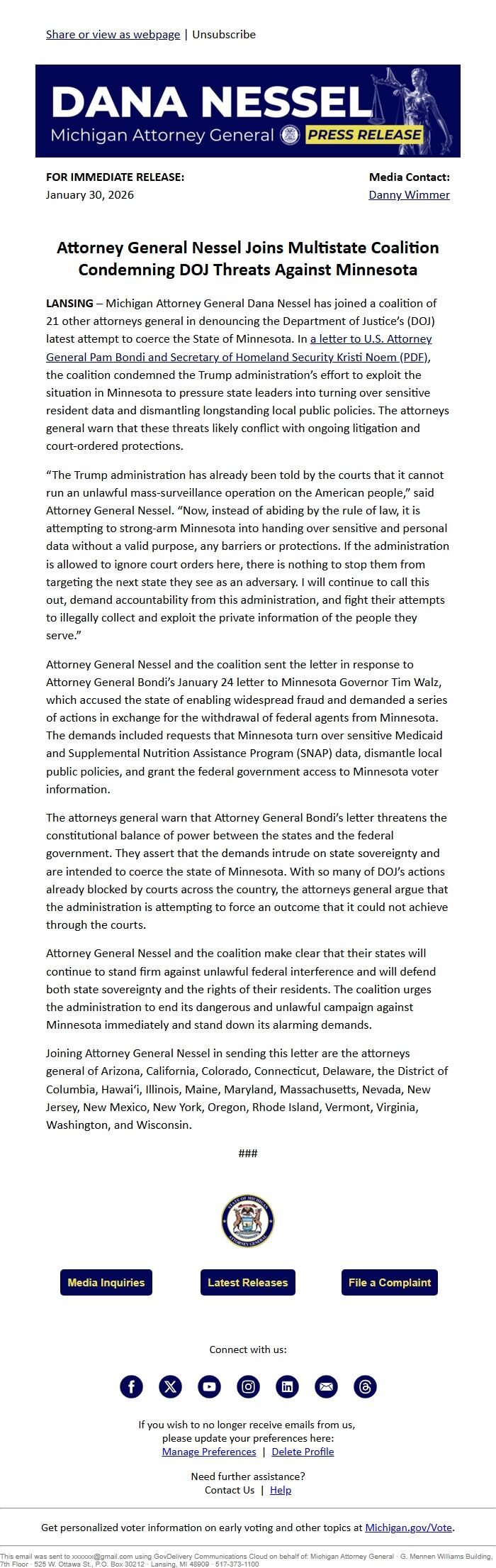 Screenshot of the email generated on import