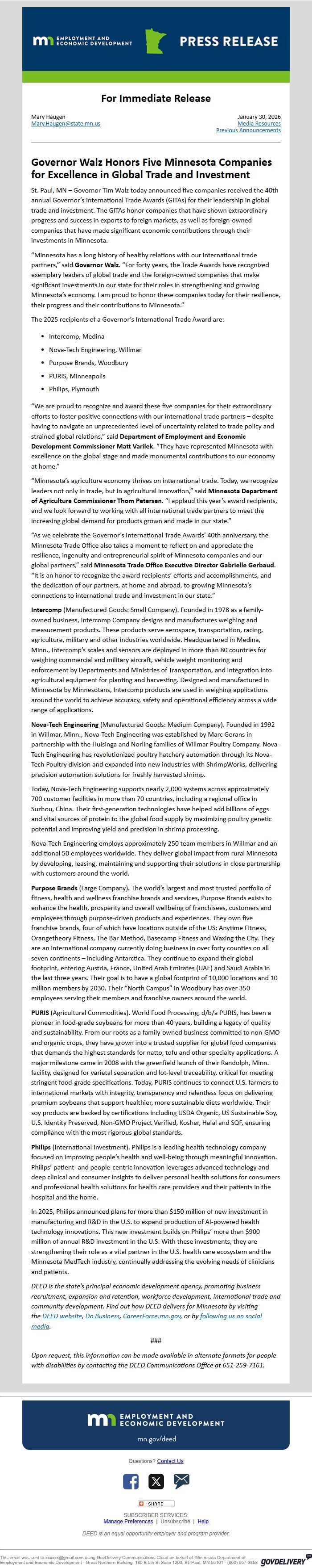 Screenshot of the email generated on import