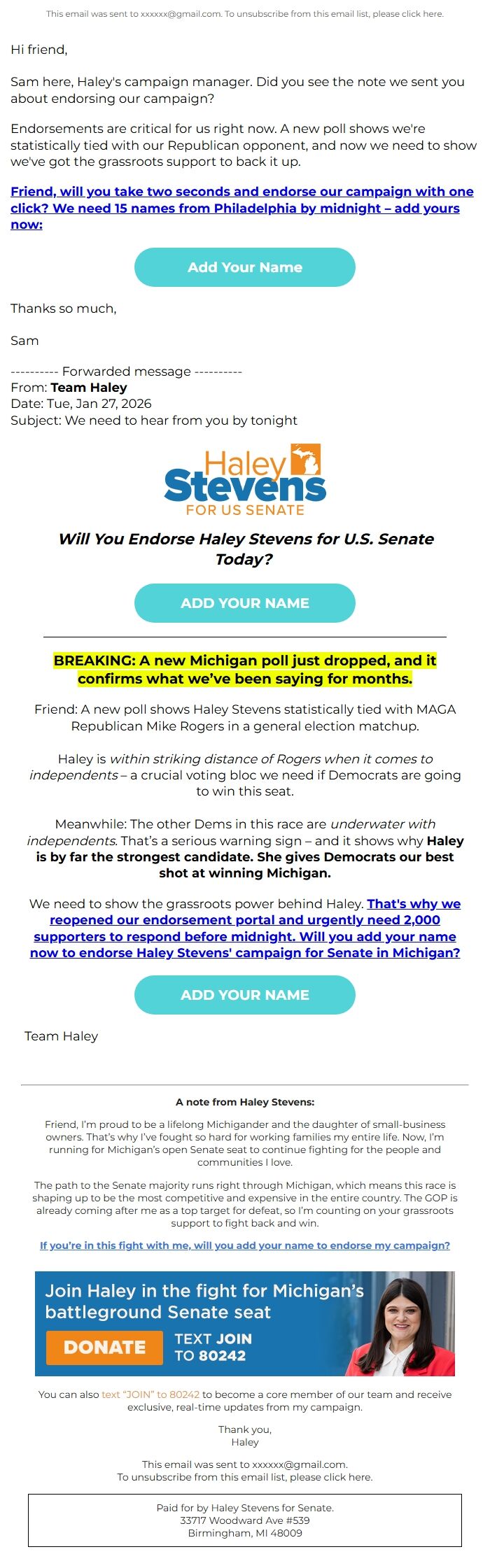 Screenshot of the email generated on import