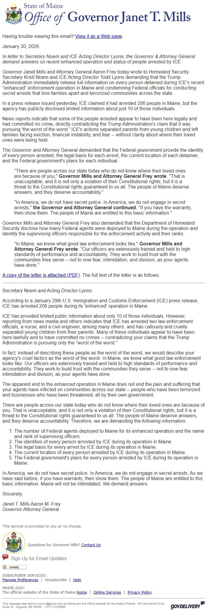 Screenshot of the email generated on import