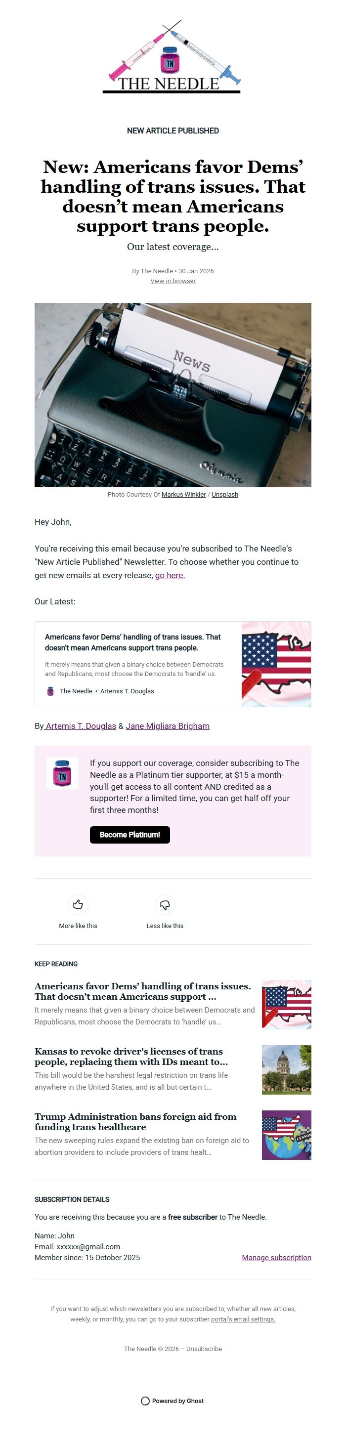 Screenshot of the email generated on import