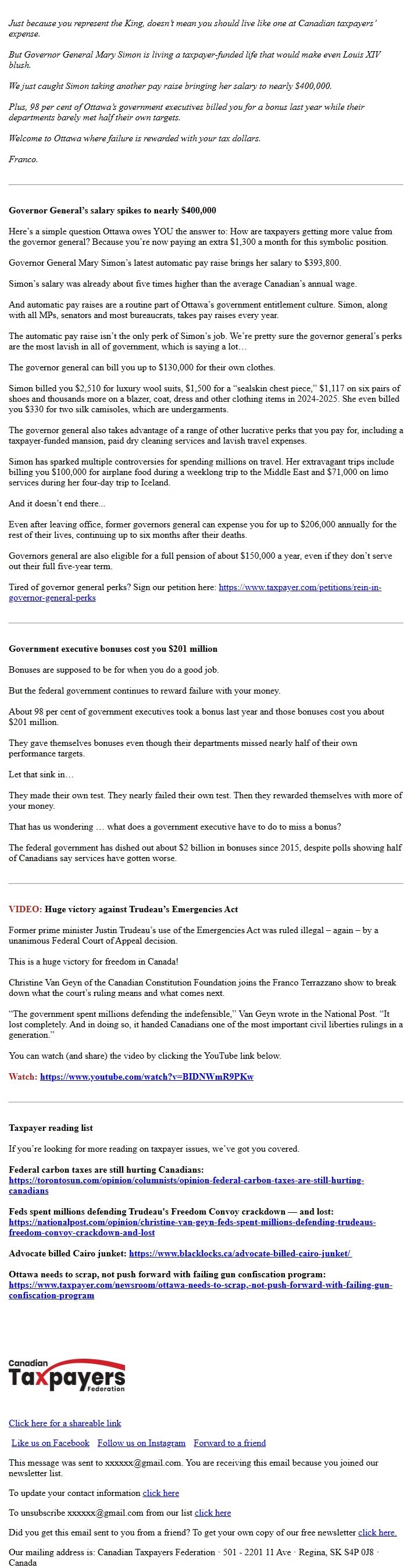 Screenshot of the email generated on import