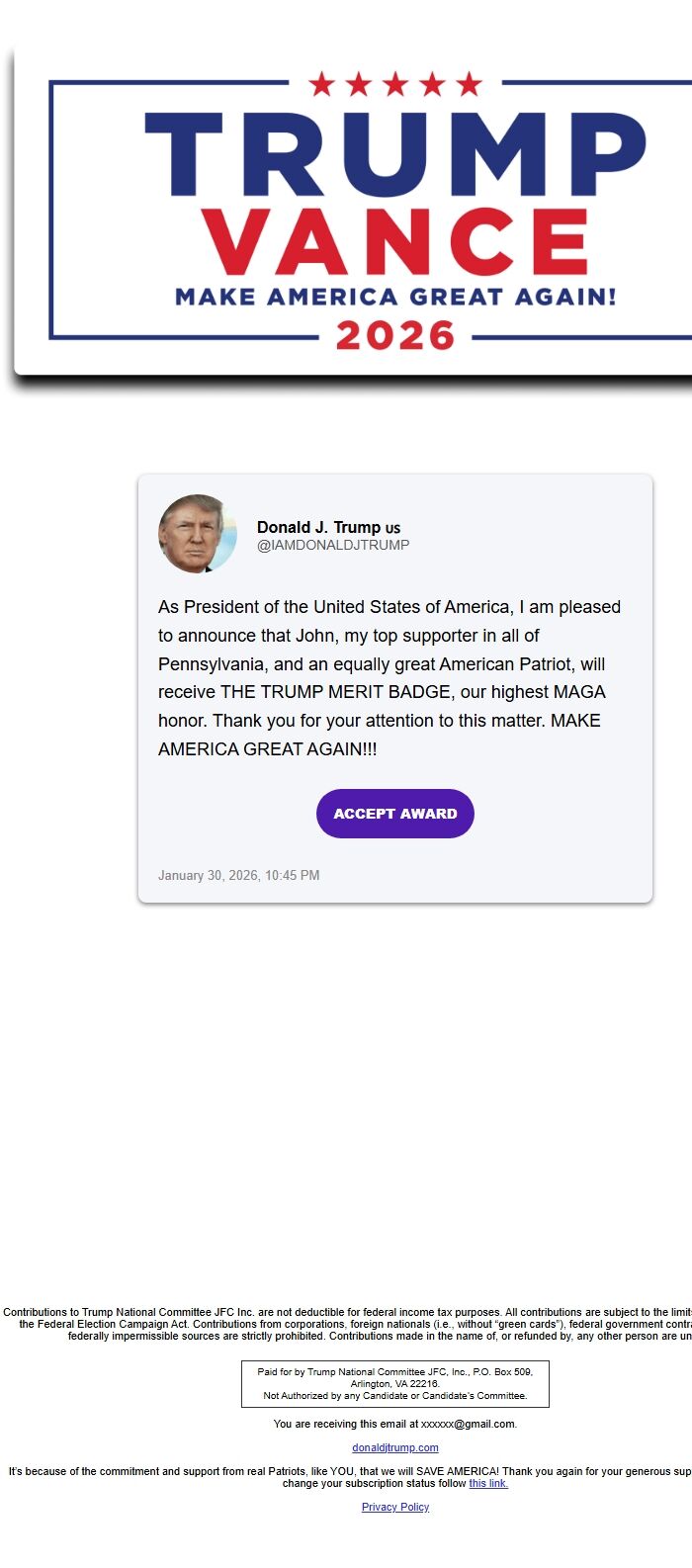 Screenshot of the email generated on import