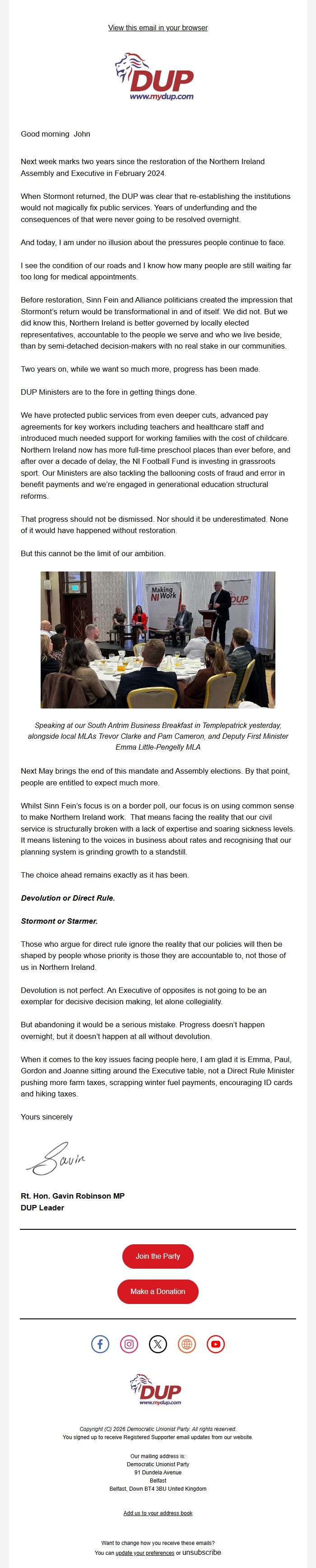 Screenshot of the email generated on import