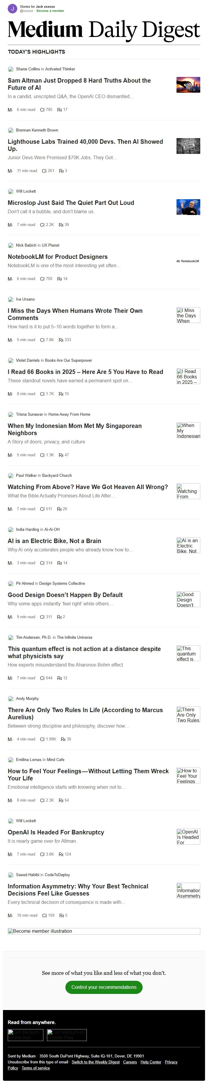 Screenshot of the email generated on import