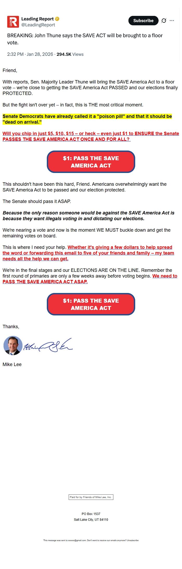 Screenshot of the email generated on import