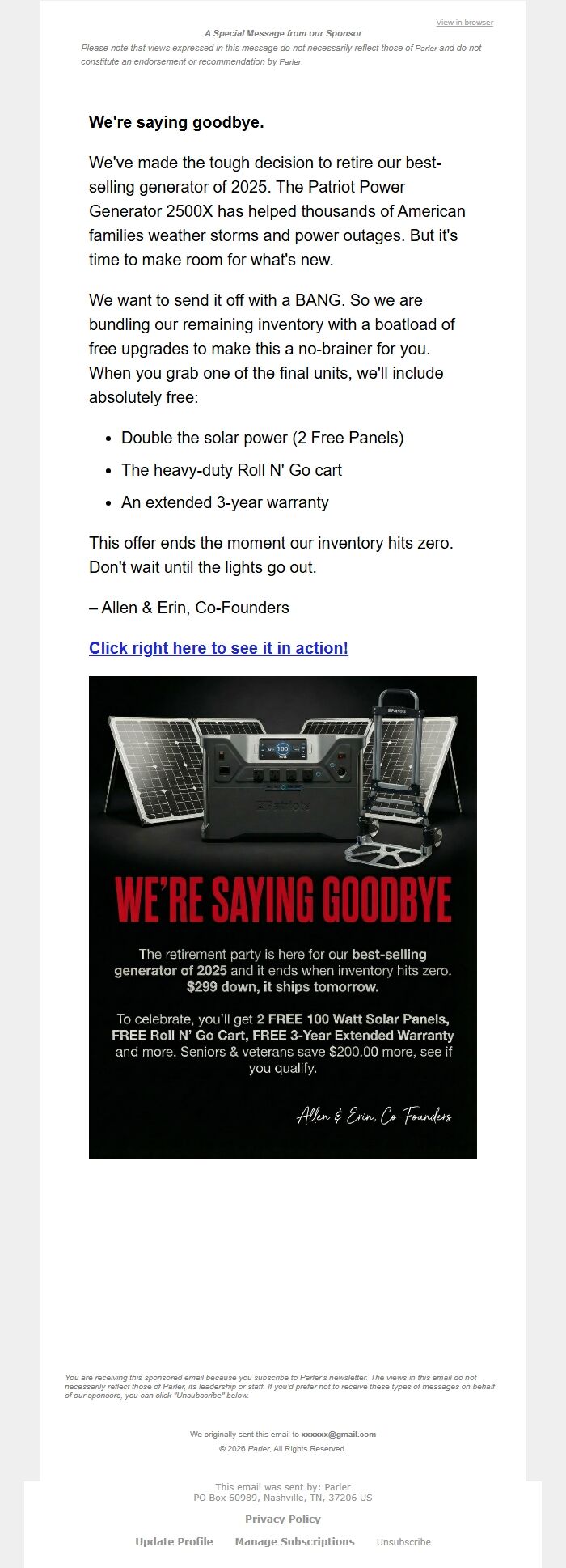 Screenshot of the email generated on import