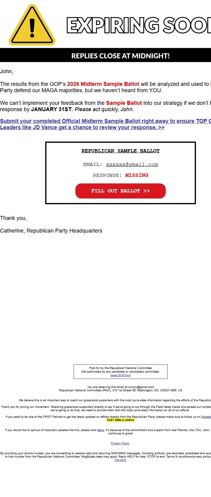 Screenshot of the email generated on import