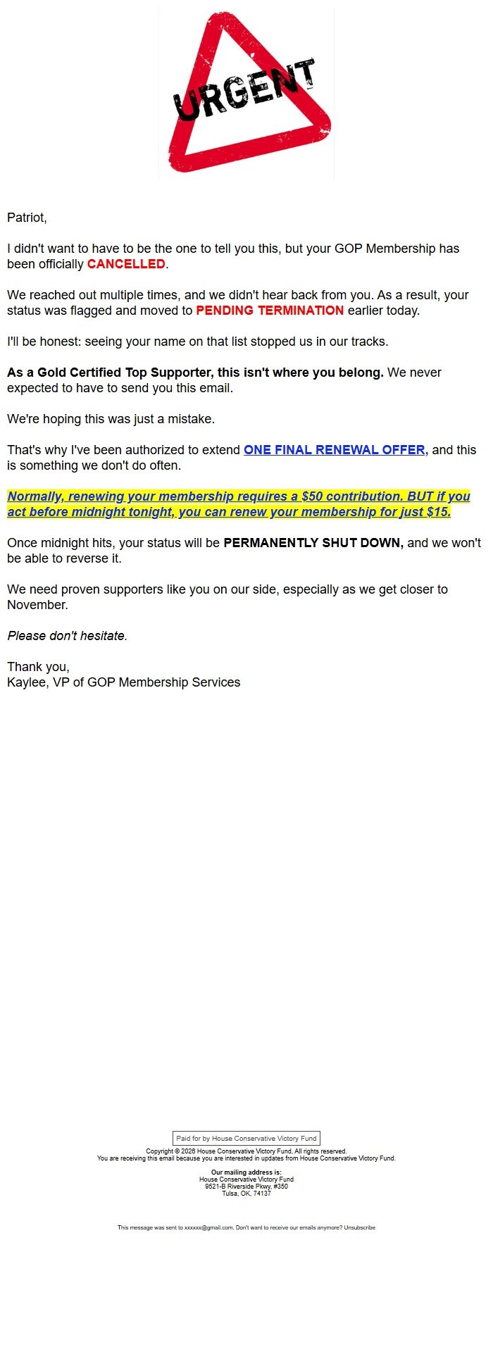 Screenshot of the email generated on import