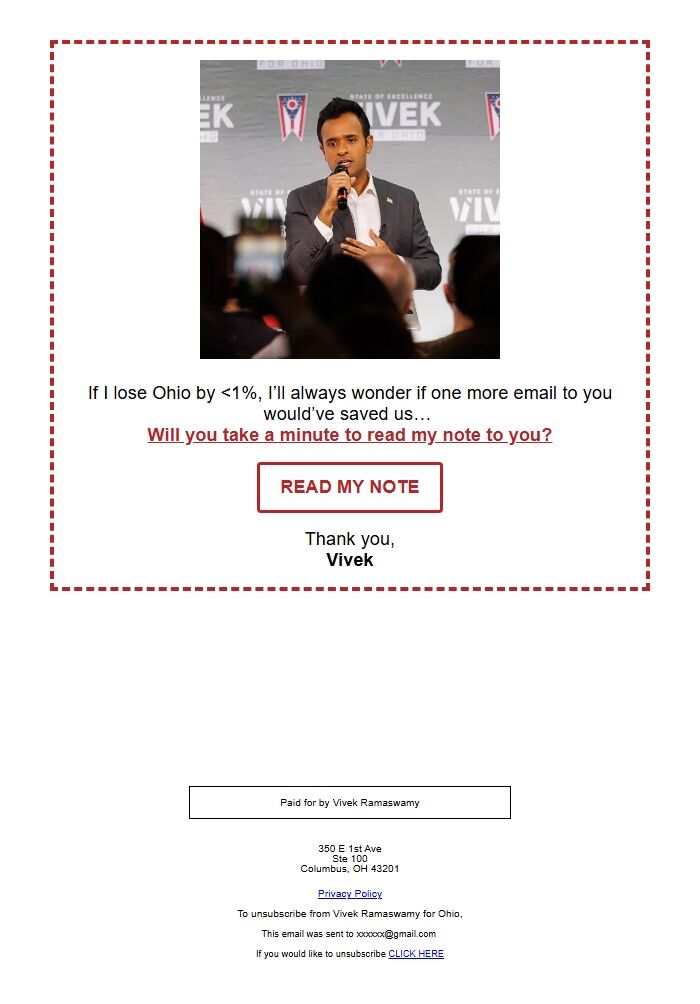 Screenshot of the email generated on import