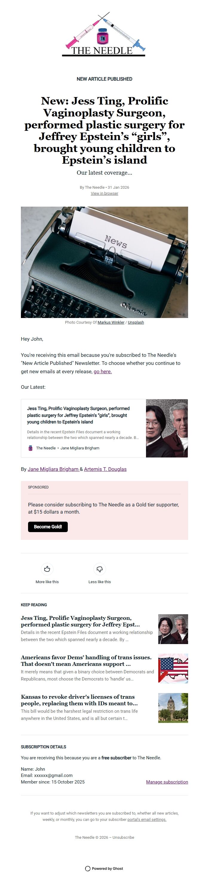 Screenshot of the email generated on import