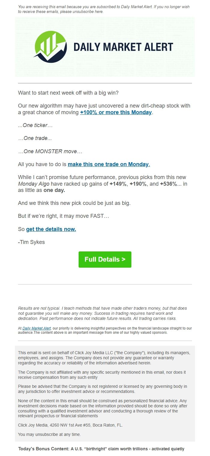 Screenshot of the email generated on import