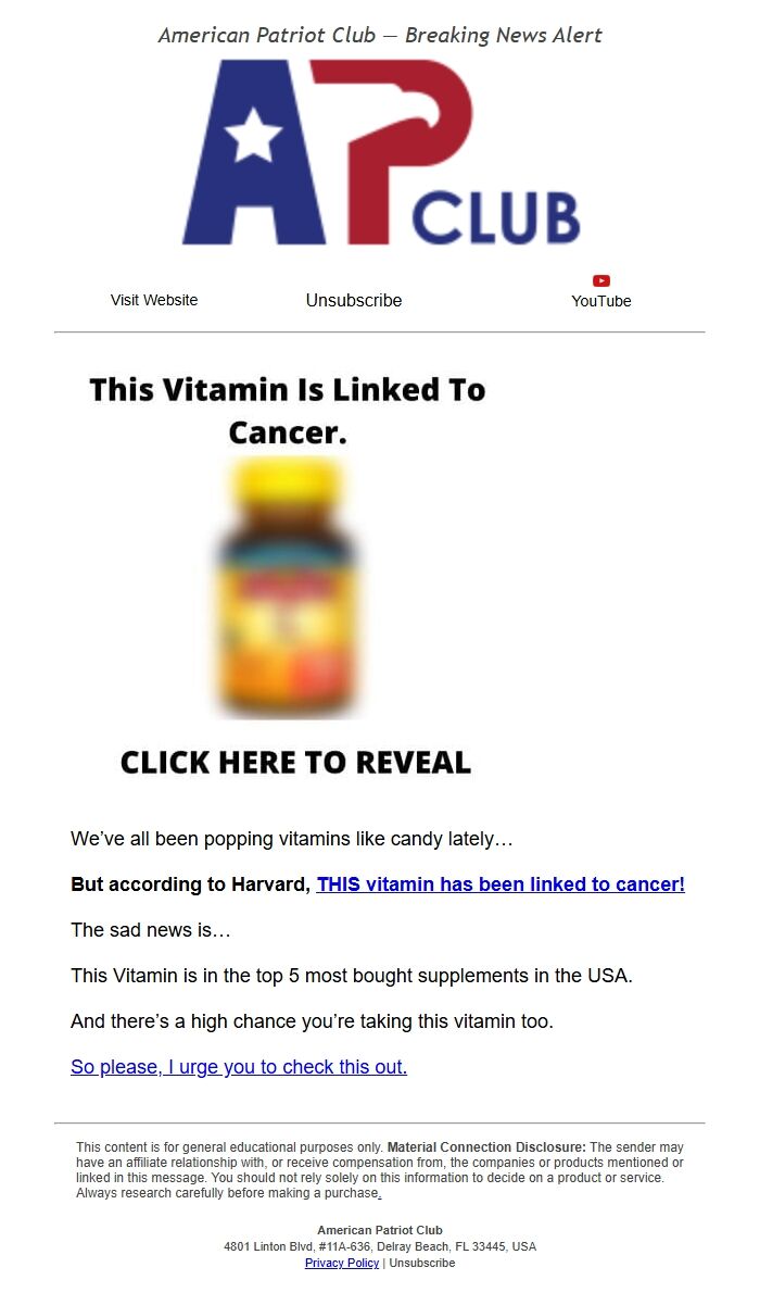 Screenshot of the email generated on import