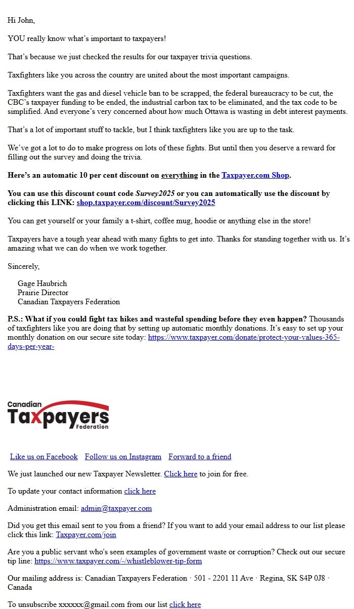 Screenshot of the email generated on import