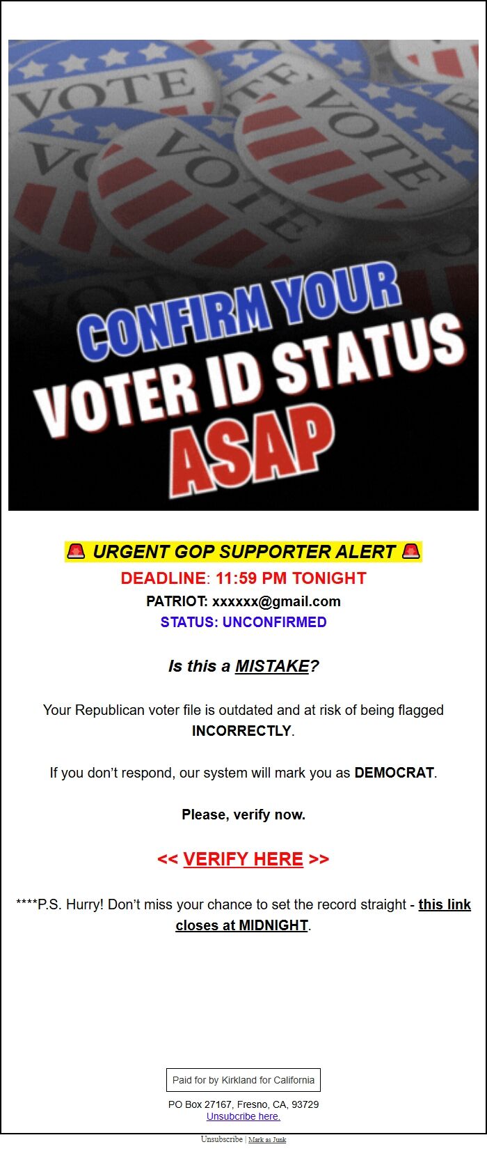 Screenshot of the email generated on import