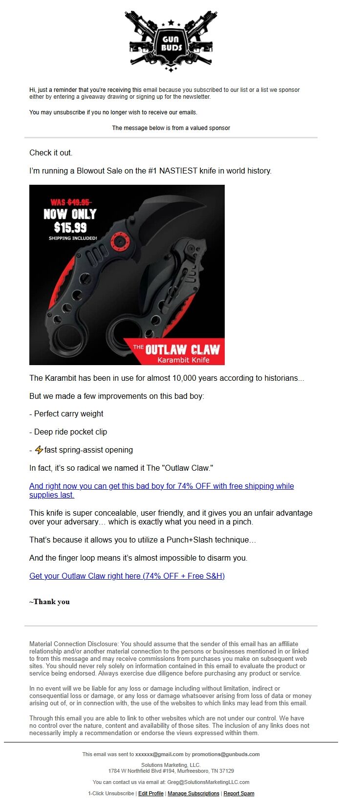 Screenshot of the email generated on import