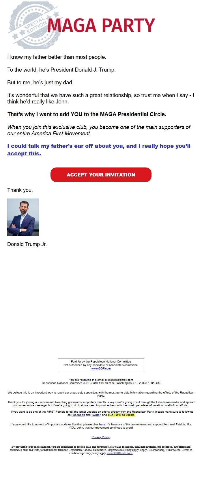 Screenshot of the email generated on import