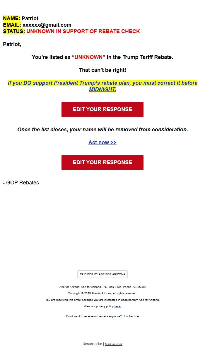 Screenshot of the email generated on import