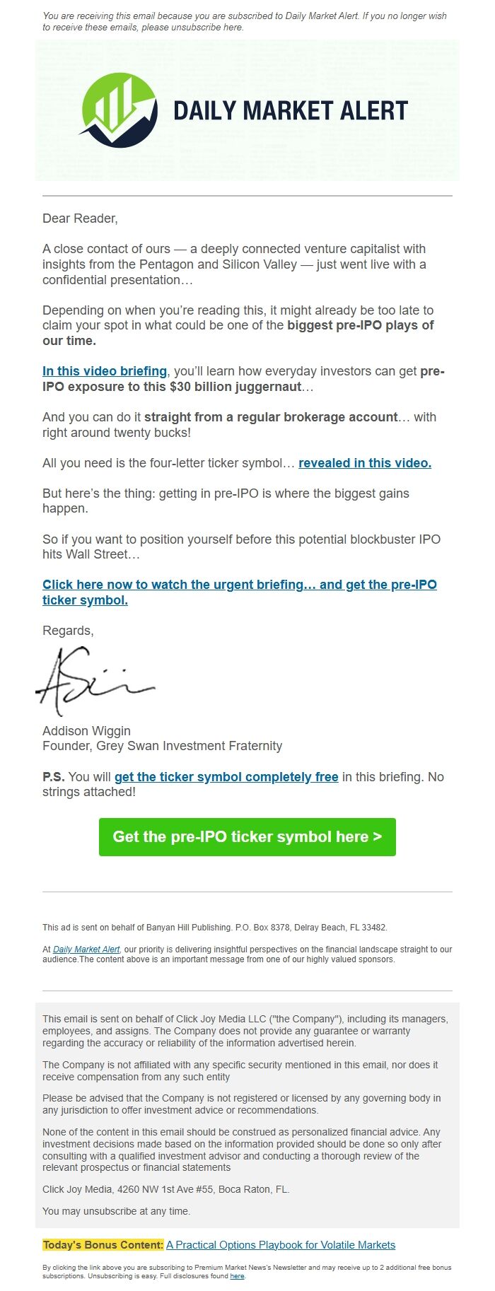 Screenshot of the email generated on import