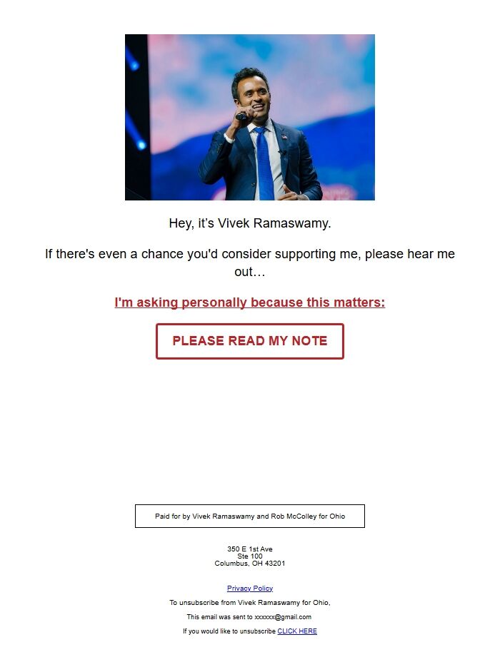 Screenshot of the email generated on import