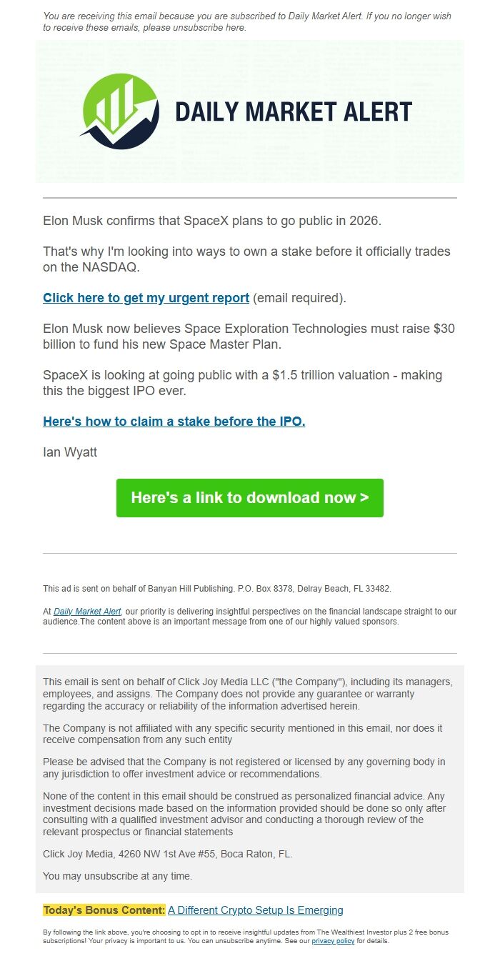 Screenshot of the email generated on import