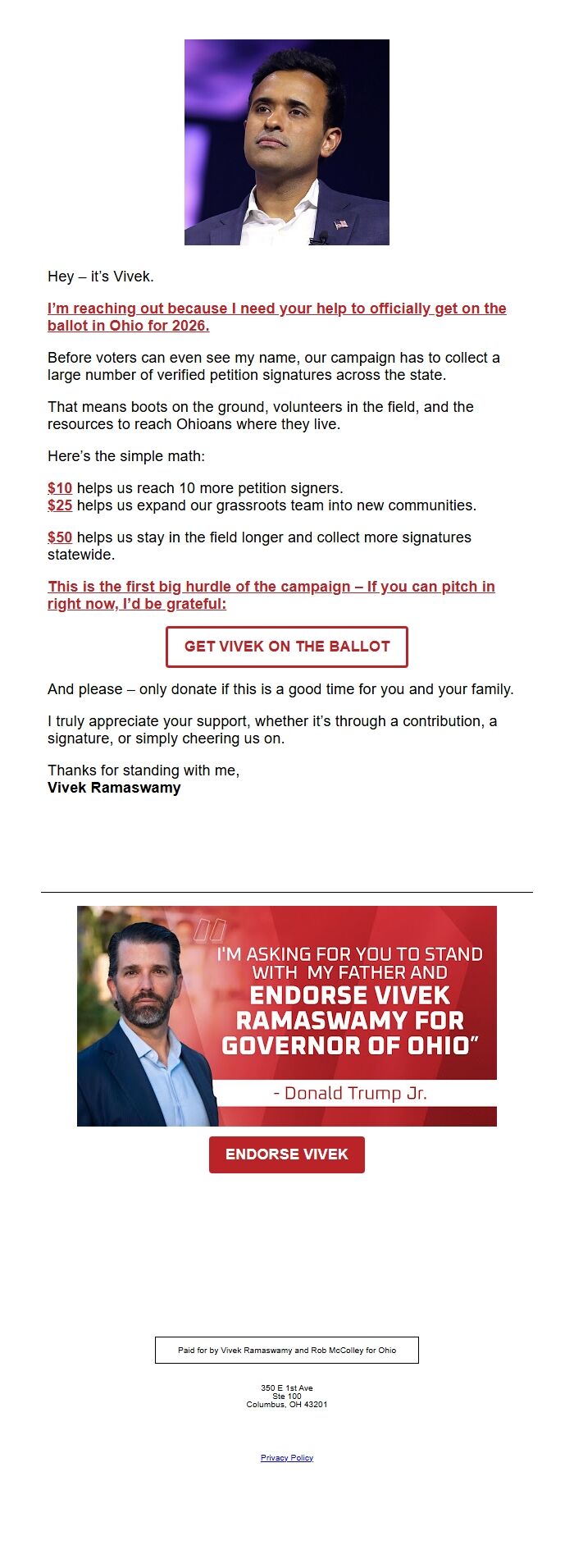 Screenshot of the email generated on import