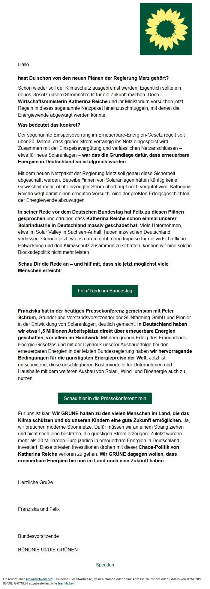 Screenshot of the email generated on import