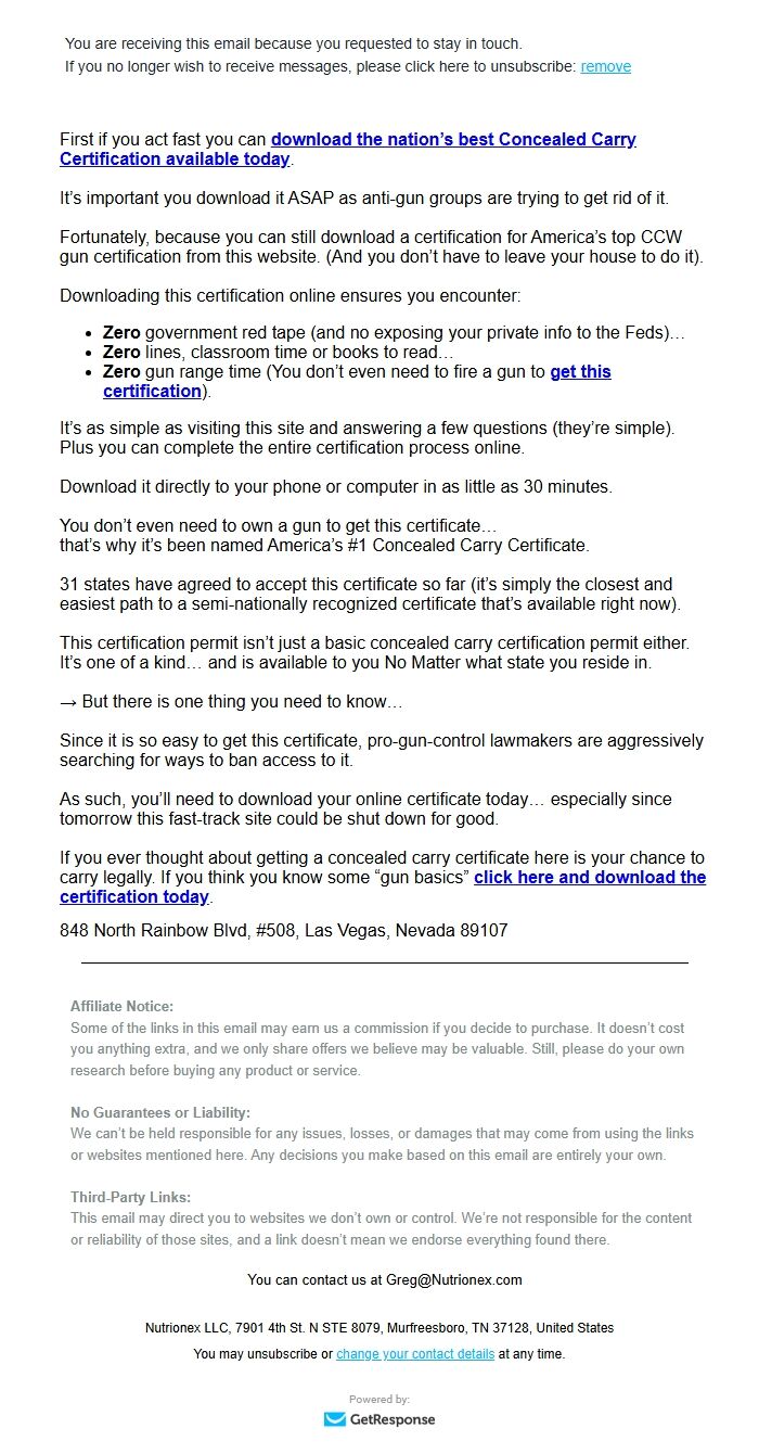 Screenshot of the email generated on import