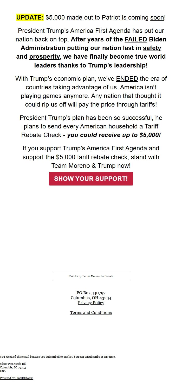 Screenshot of the email generated on import