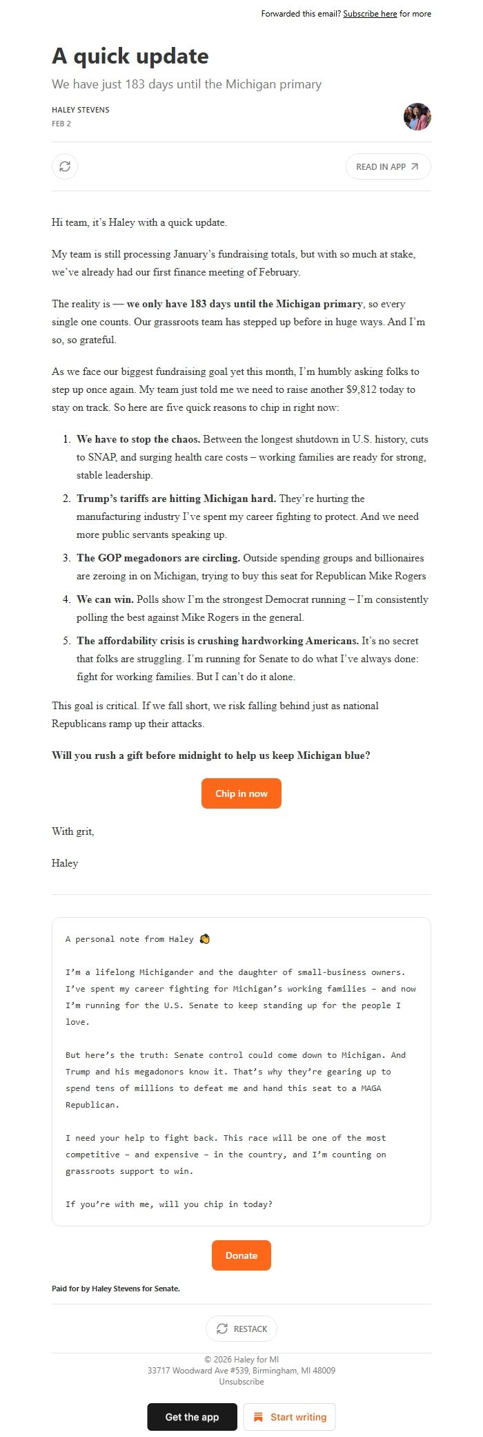 Screenshot of the email generated on import