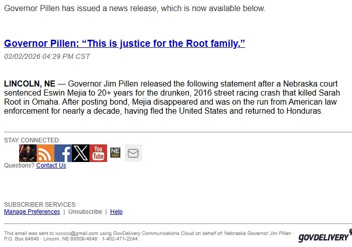 Screenshot of the email generated on import