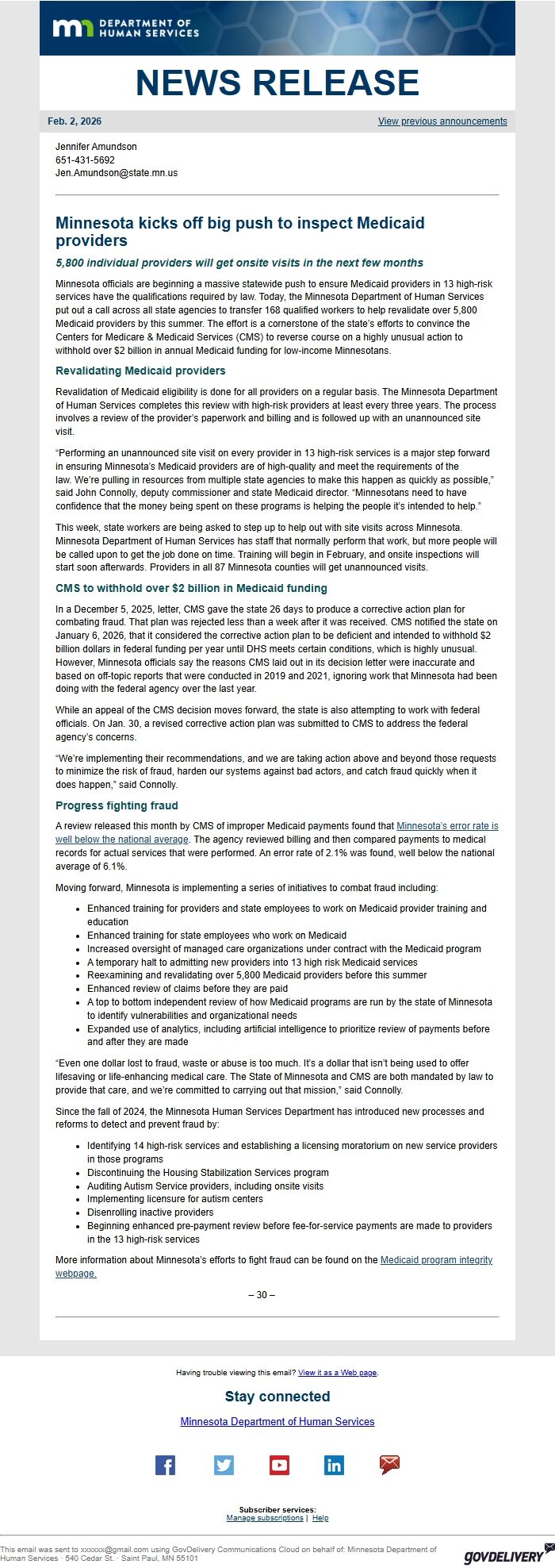 Screenshot of the email generated on import