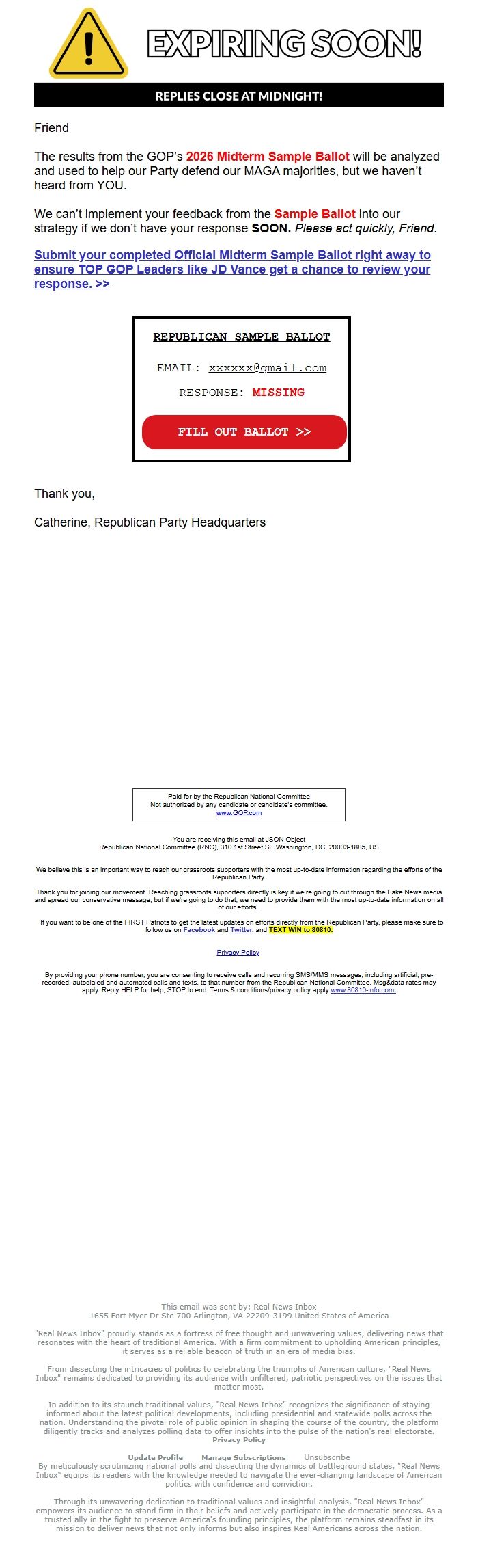 Screenshot of the email generated on import