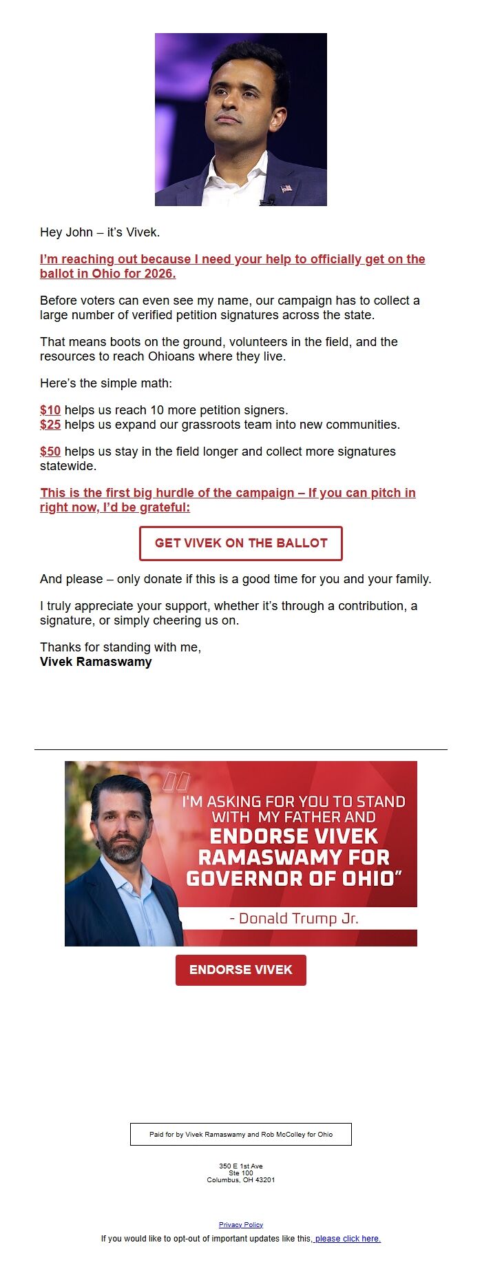 Screenshot of the email generated on import