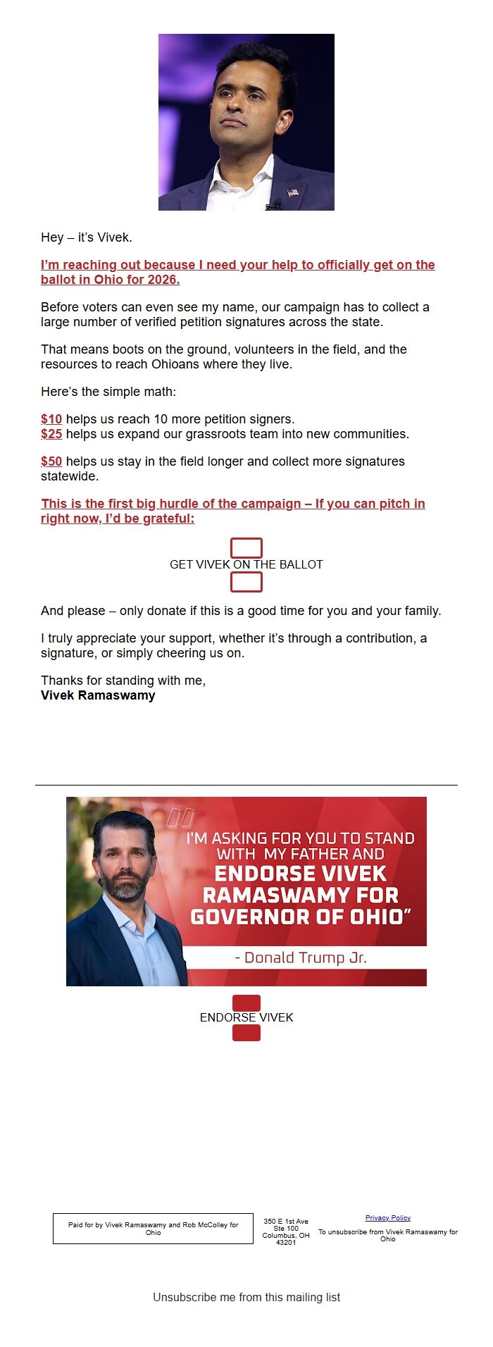 Screenshot of the email generated on import