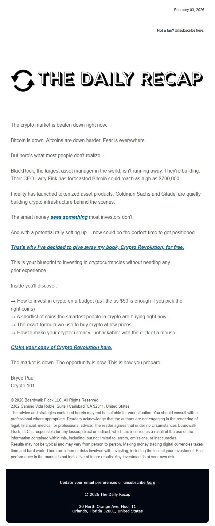 Screenshot of the email generated on import