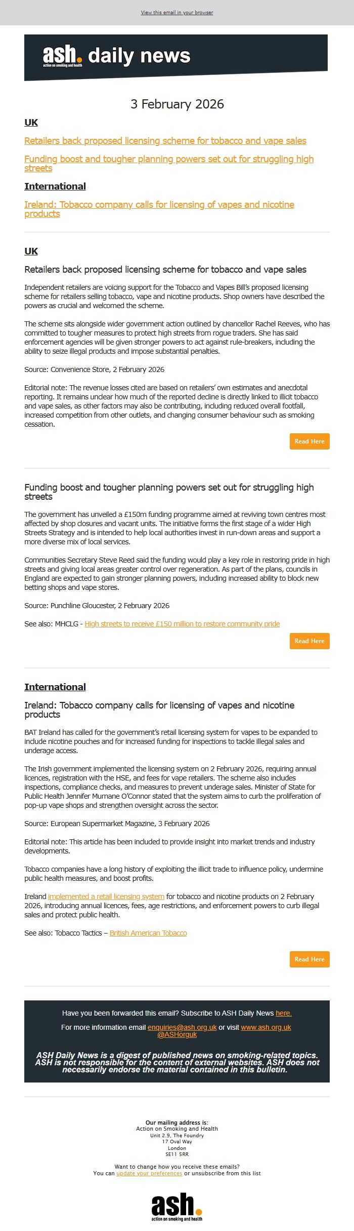 Screenshot of the email generated on import