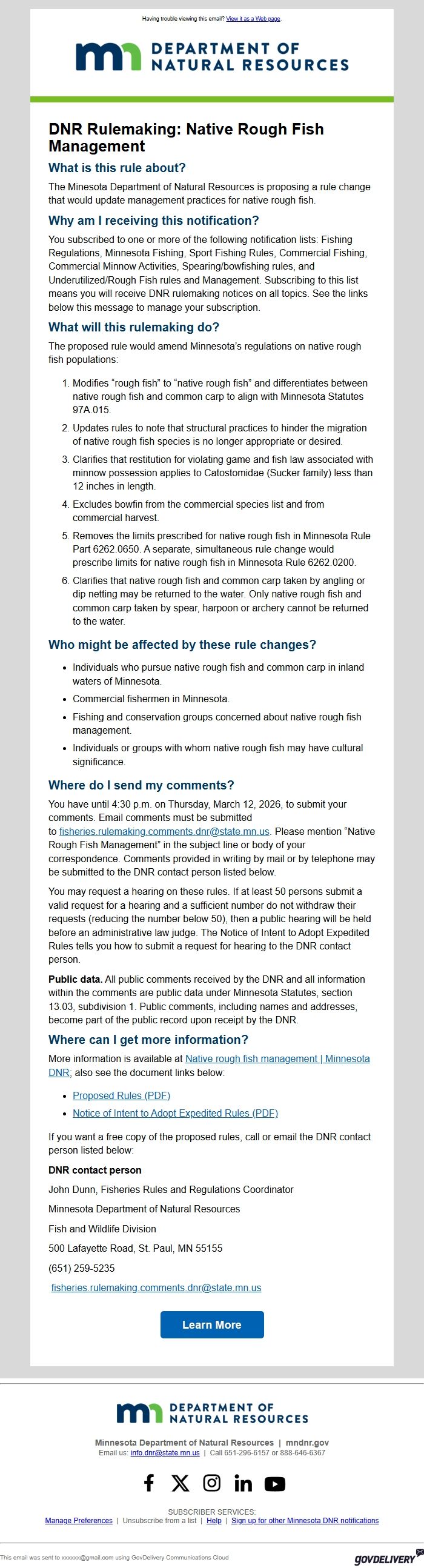 Screenshot of the email generated on import