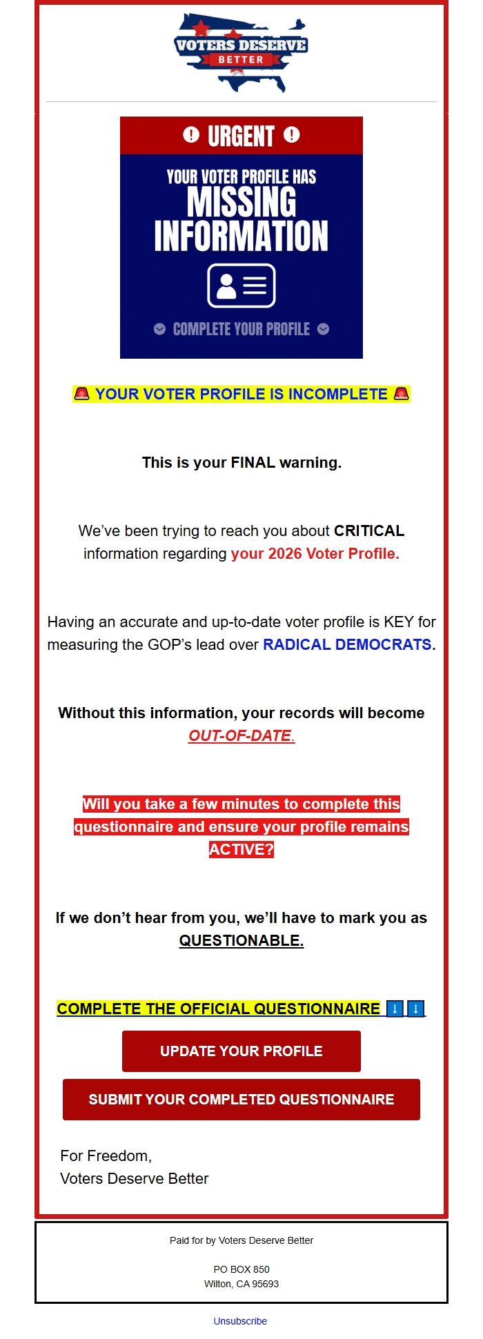 Screenshot of the email generated on import