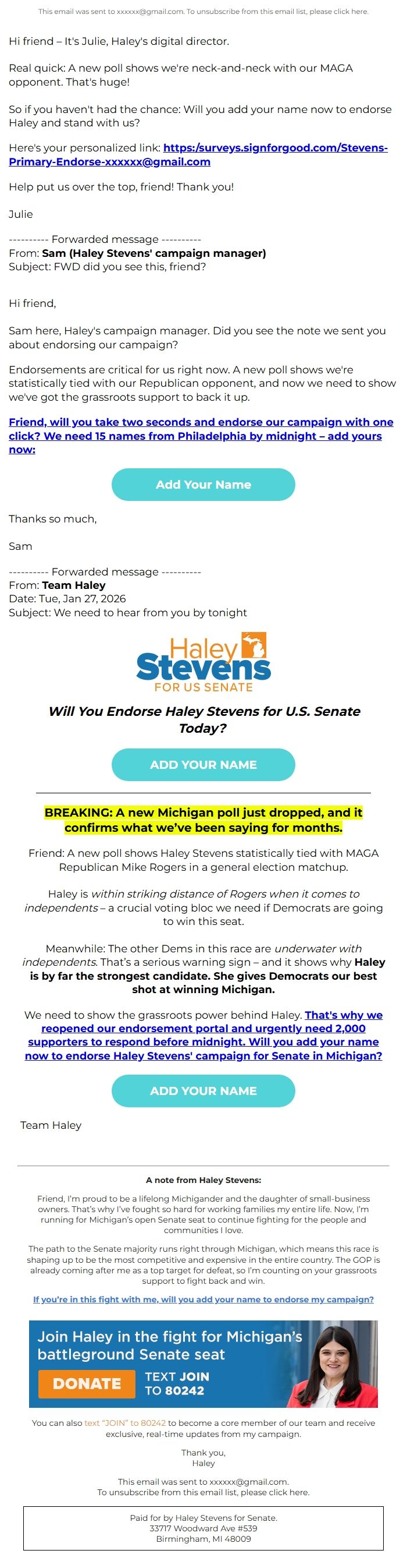 Screenshot of the email generated on import