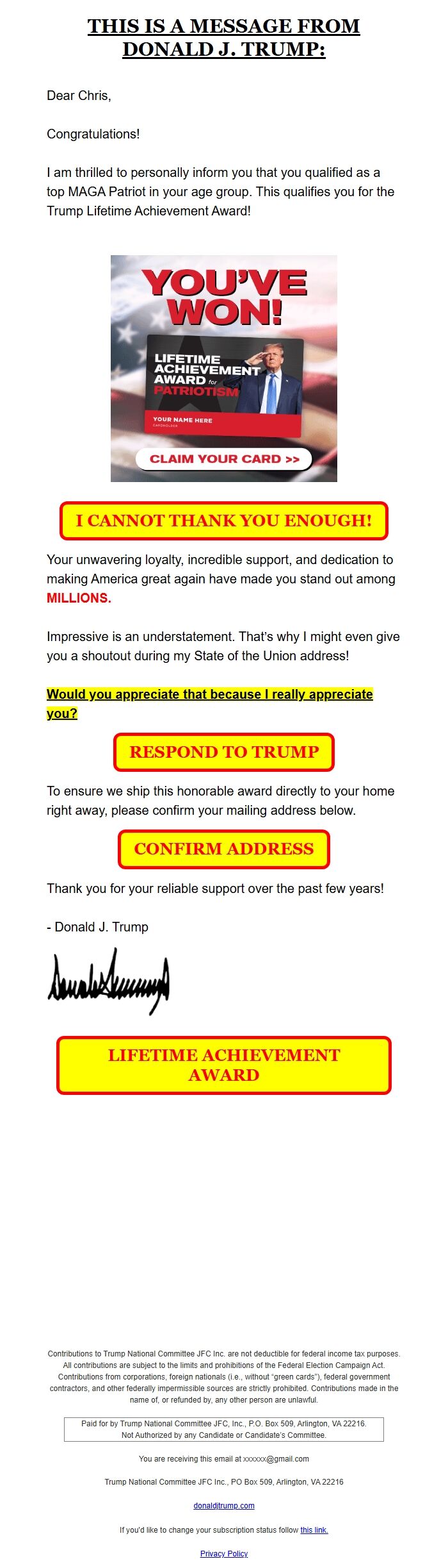 Screenshot of the email generated on import