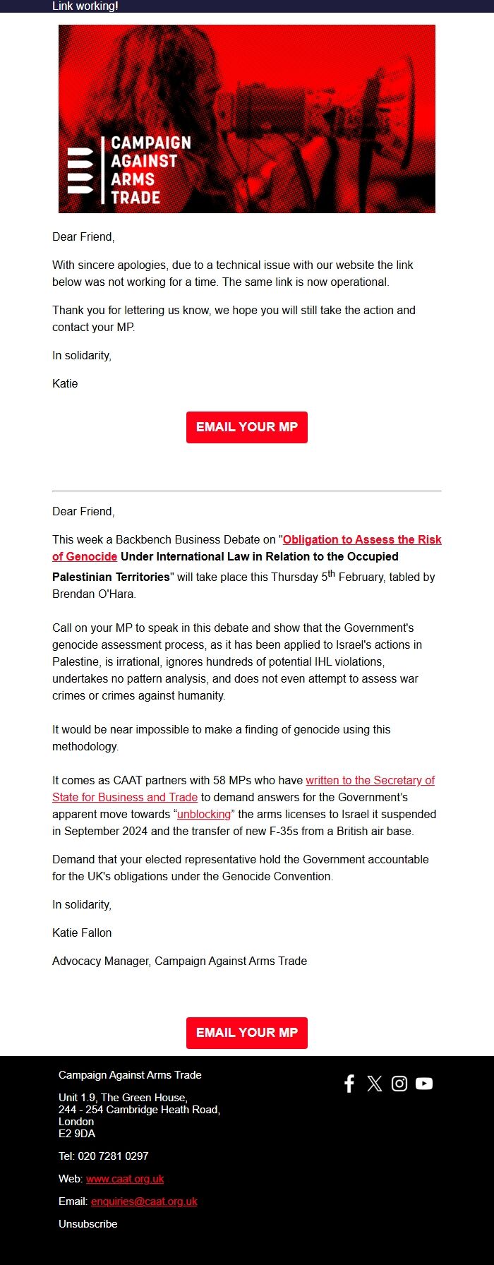 Screenshot of the email generated on import